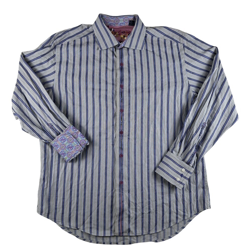 Robert Graham Dress Shirt Mens XL Blue Stripe Long Sleeve Flip Cuff Cotton Silk